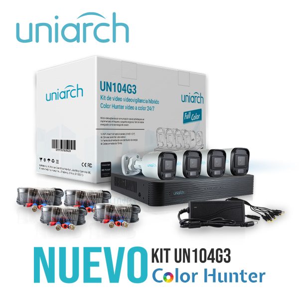 KIT UNIARCH 4X4 CALIDAD 1080P 2MP ANALOGO BULLET EXTERIOR UN104G3 TECNOLOGIA COLORHUNTER VIDEO A COLOR 24/7